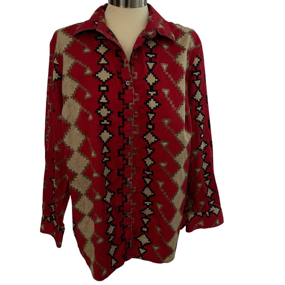Lauren Ralph Lauren Shirt Womens 1X Red Long Sleeve Western Aztec Southwestern